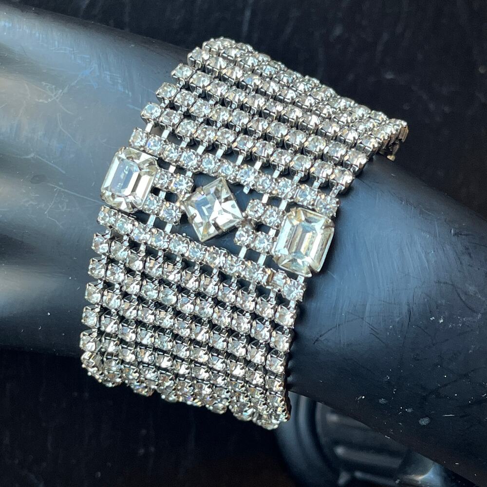 Vintage Rhinestone Bracelet Gorgeous Wide Diamond Cut Excellent Condition
